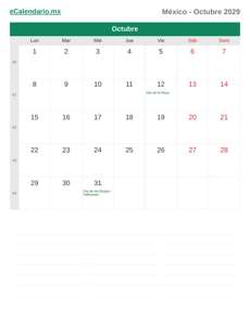 Calendario 2029 Octubre