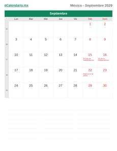 Calendario 2029 Septiembre